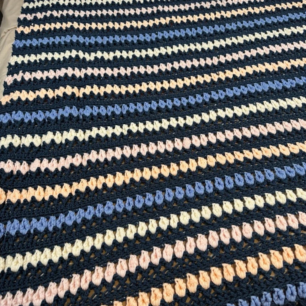Vtg Colorful Fringe Bobble Crochet Knit Heavy Blanket Afghan 76